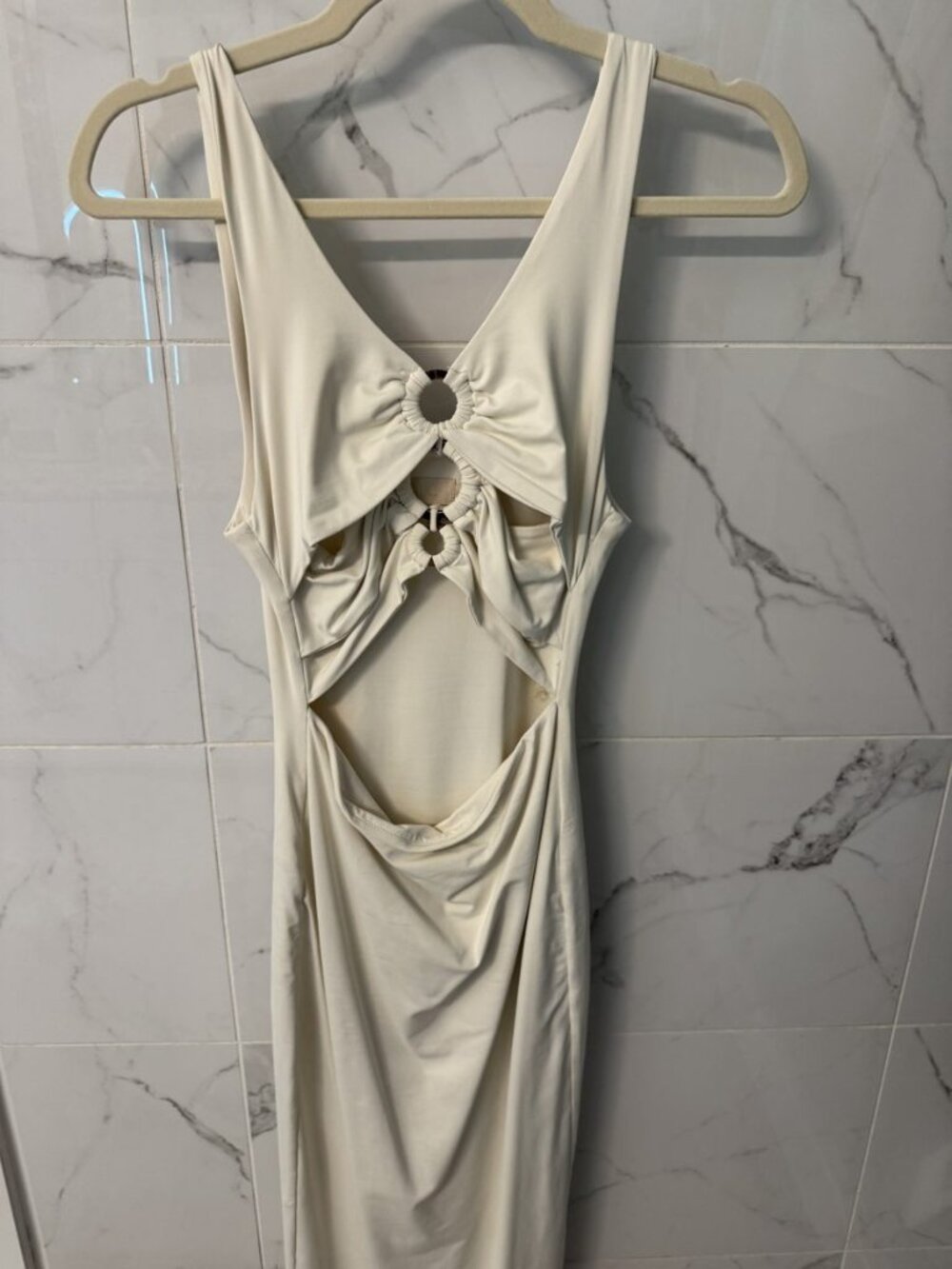 MESHKI Ivory Cream O-Ring Cutout Bodycon Midi Dress Sleeveless Size S